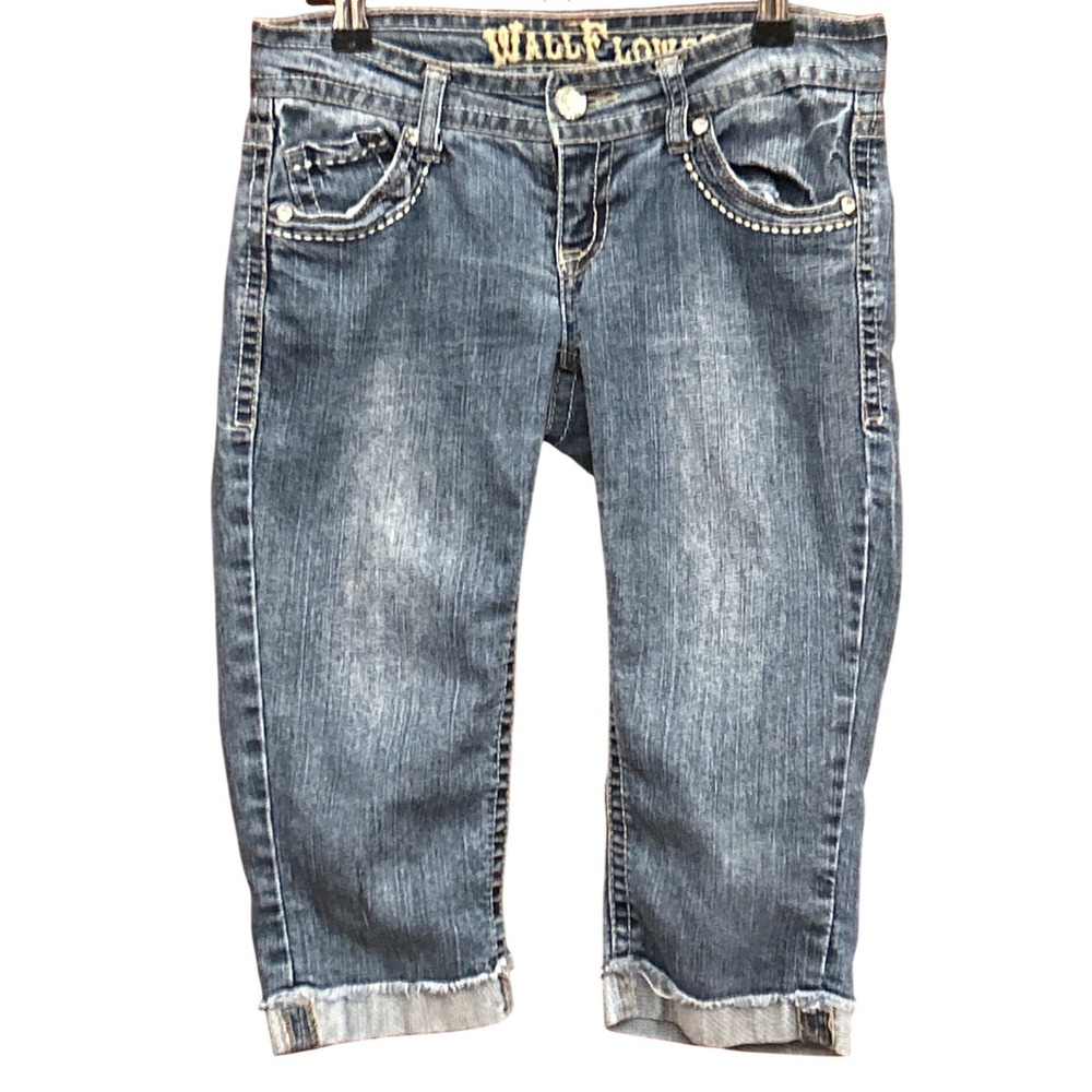Y2K WallFlower Capri Jeans McBling Embellished Rhinestone Medium Wash Size 1
